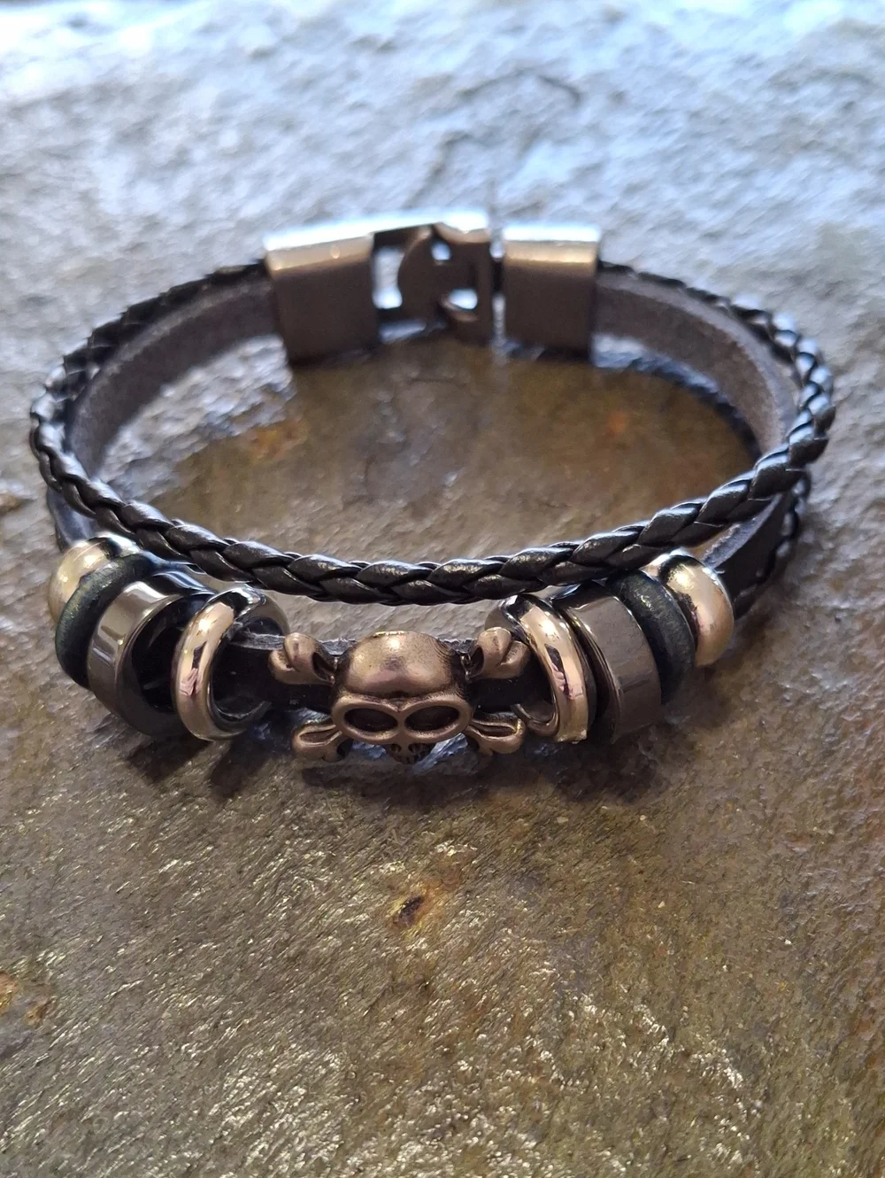 Black Leather Skull Bracelet with Metal Beads